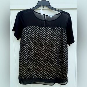 Notations Black Blouse With Silver Metallic Herringbone Print On Front, NWOT